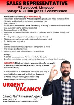 Steelpoort, Limpopo: SALES REPRESENTATIVE 