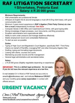 Silverlakes, Pretoria East: RAF LITIGATION SECRETARY  