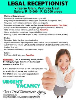 Faerie Glen, Pretoria East: LEGAL RECEPTIONIST