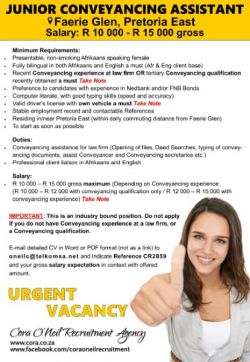 Faerie Glen, Pretoria East: JUNIOR CONVEYANCING ASSISTANT