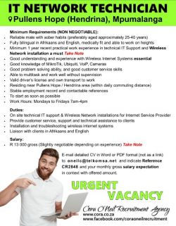 Pullens Hope (Hendrina area), Mpumalanga: IT NETWORK TECHNICIAN