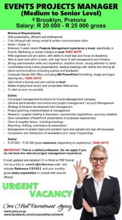 Brooklyn, Pretoria: EVENTS PROJECT MANAGER